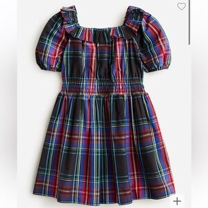 J crew Girls' puff-sleeve dress in black Stewart tartan